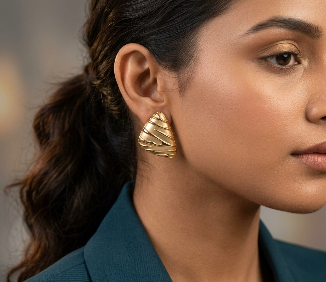 Jalparee Matte Gold Textured Triangular Stud Earrings – Bold Western Statement Jewelry