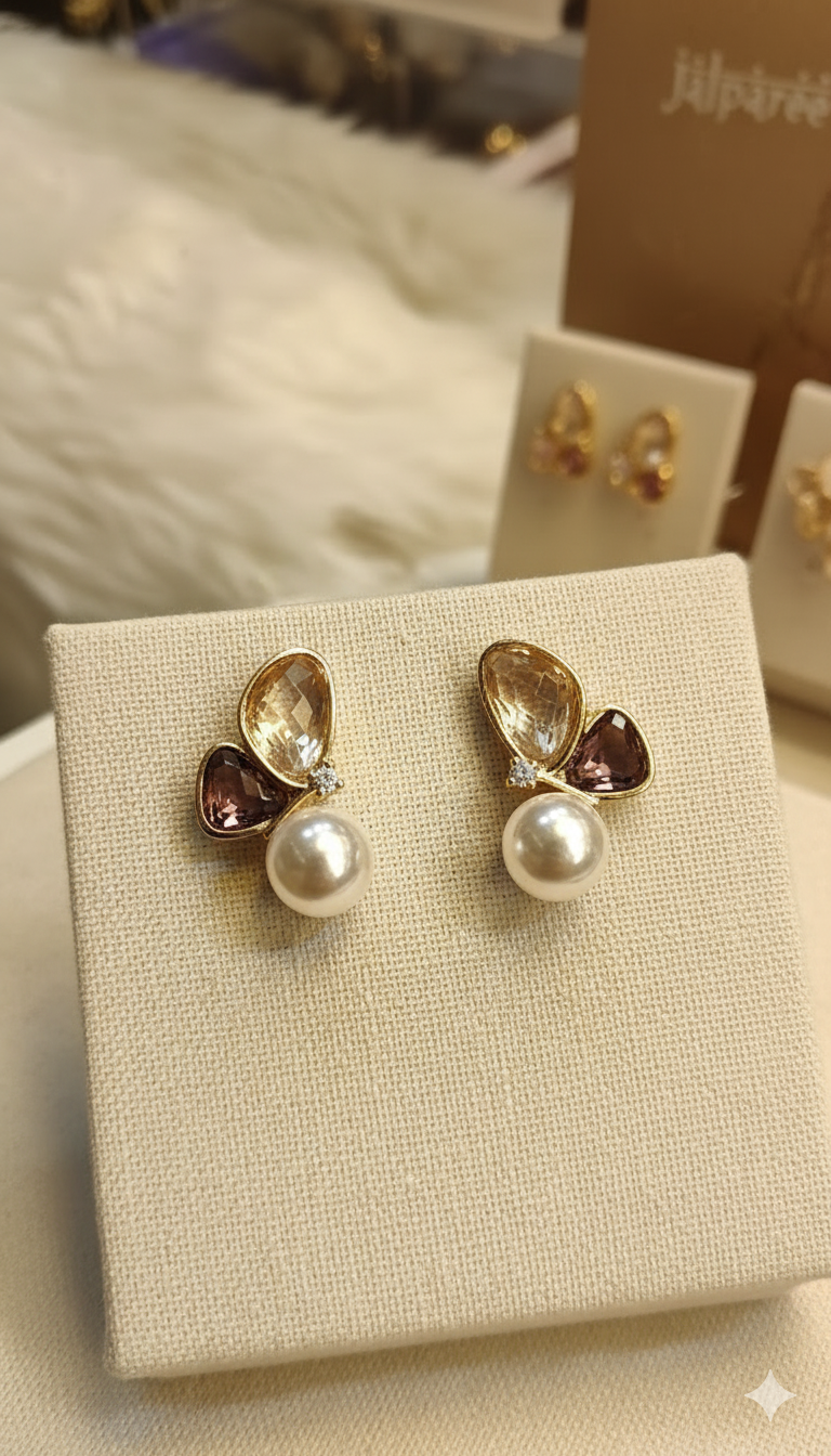 Jalparee Pearl and Multi-Stone Cluster Stud Earring