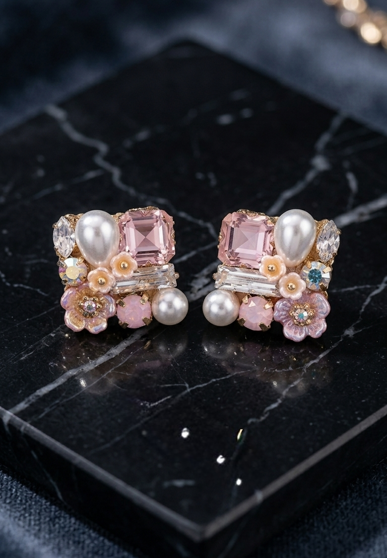 Blossom & Crystal Square Stud Earrings – Pastel Elegance