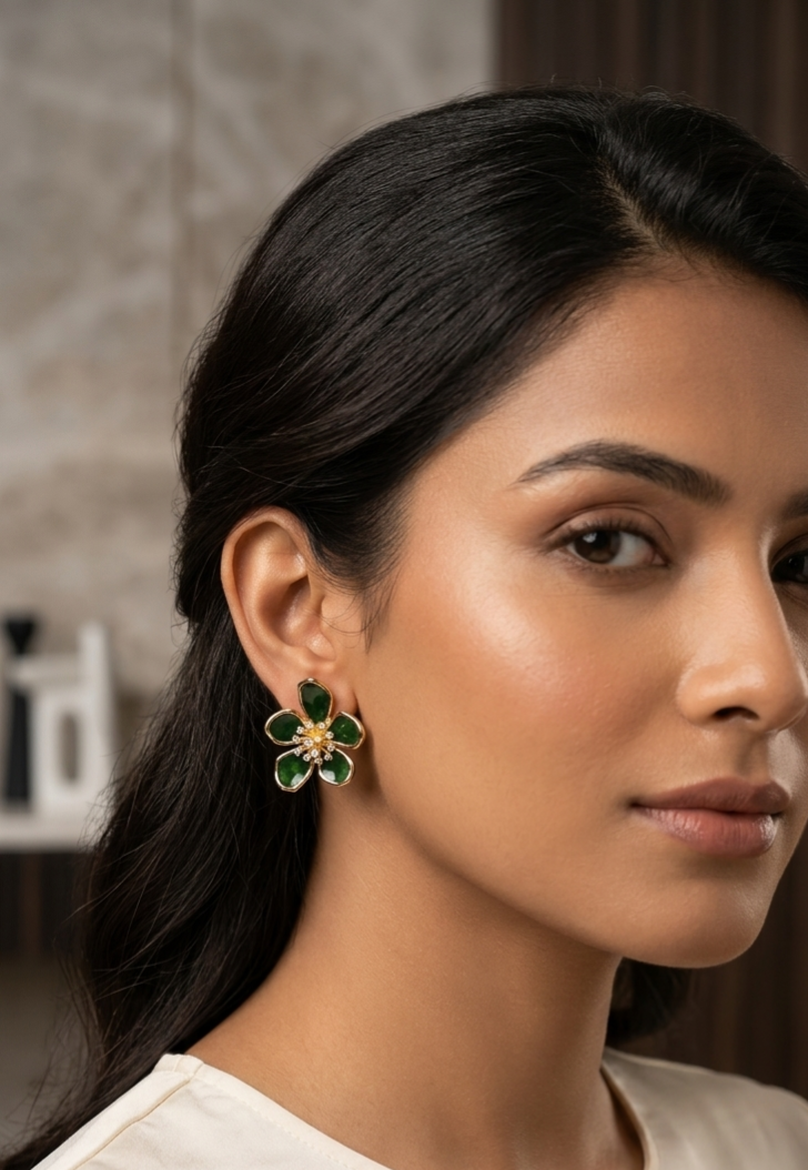 Emerald Floral Radiance Studs by Jalparee