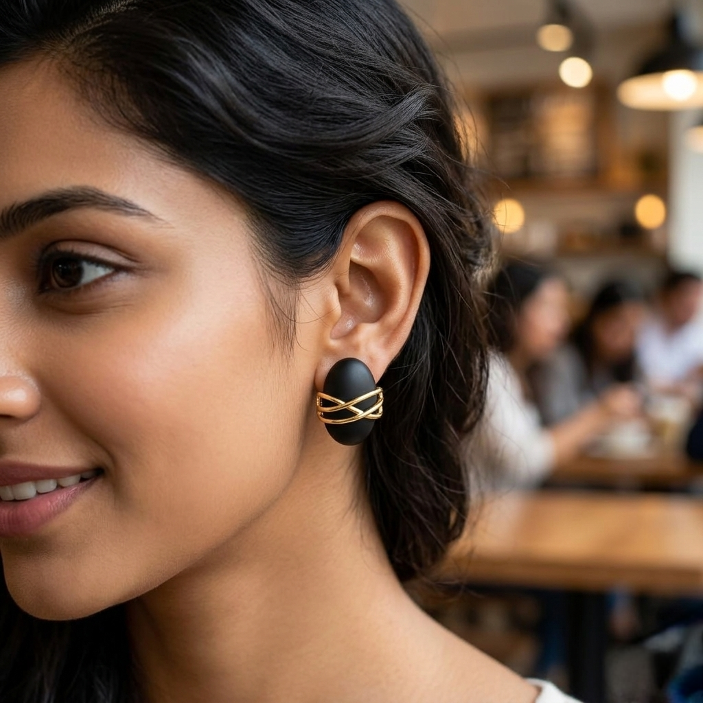 Jalparee Matte Black Oval Stud Earrings with Interlocking Gold Criss-Cross Overlay