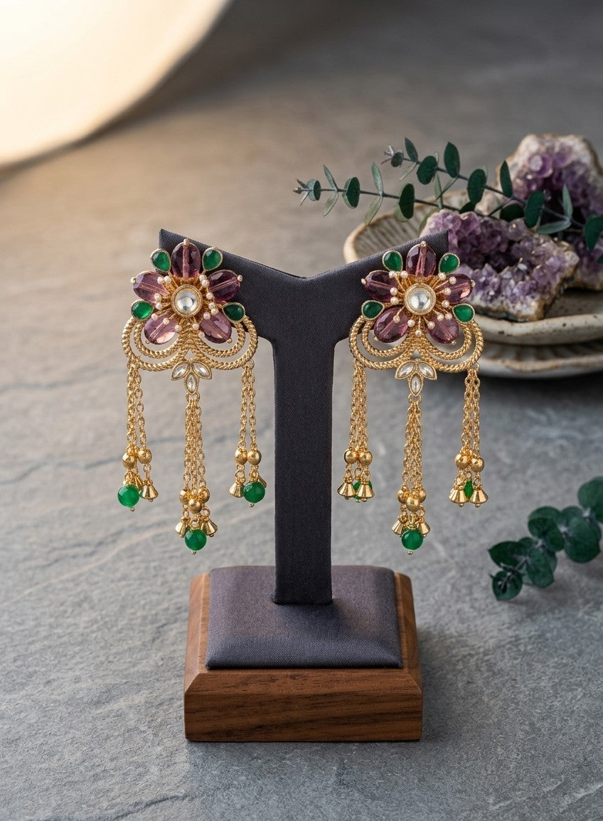 Jalparee Kundan Flower Chandbali Earrings with Purple & Emerald Drop Chains