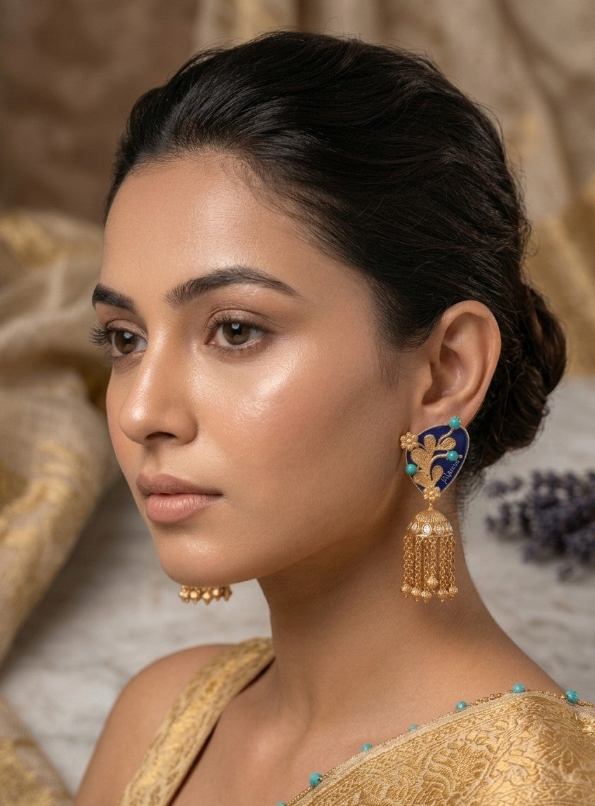Jalparee Traditional Blue & Gold Jhumka Earrings - Temple Jewellery, Handcrafted Kundan