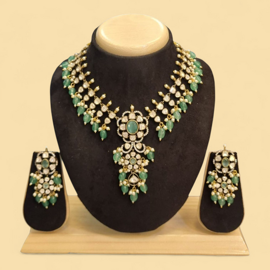 Traditional Moissanite Kundan & Emerald Beads Necklace Set