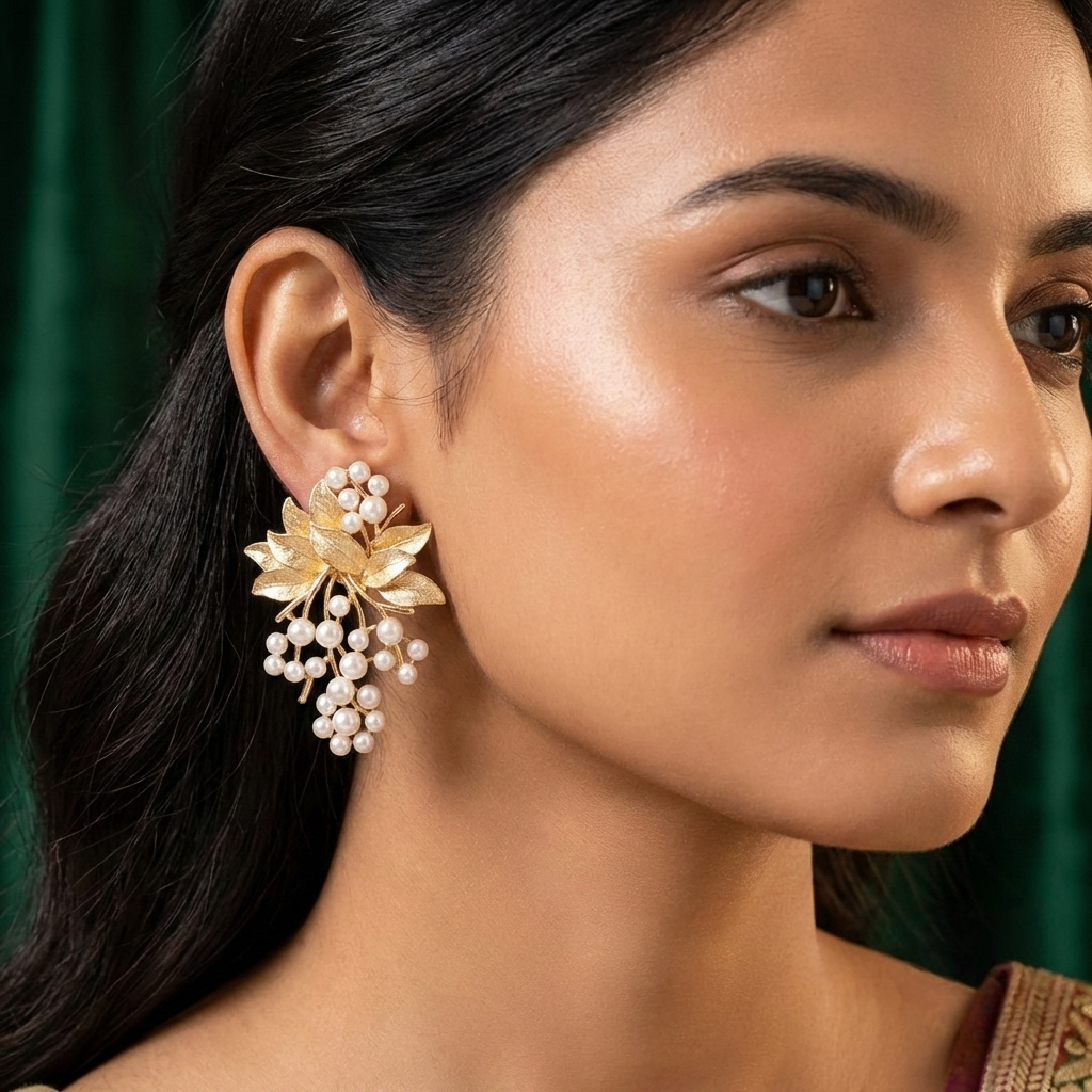 Jalparee Enchanted Vine Pearl & Gold Indo-Western Statement Earrings