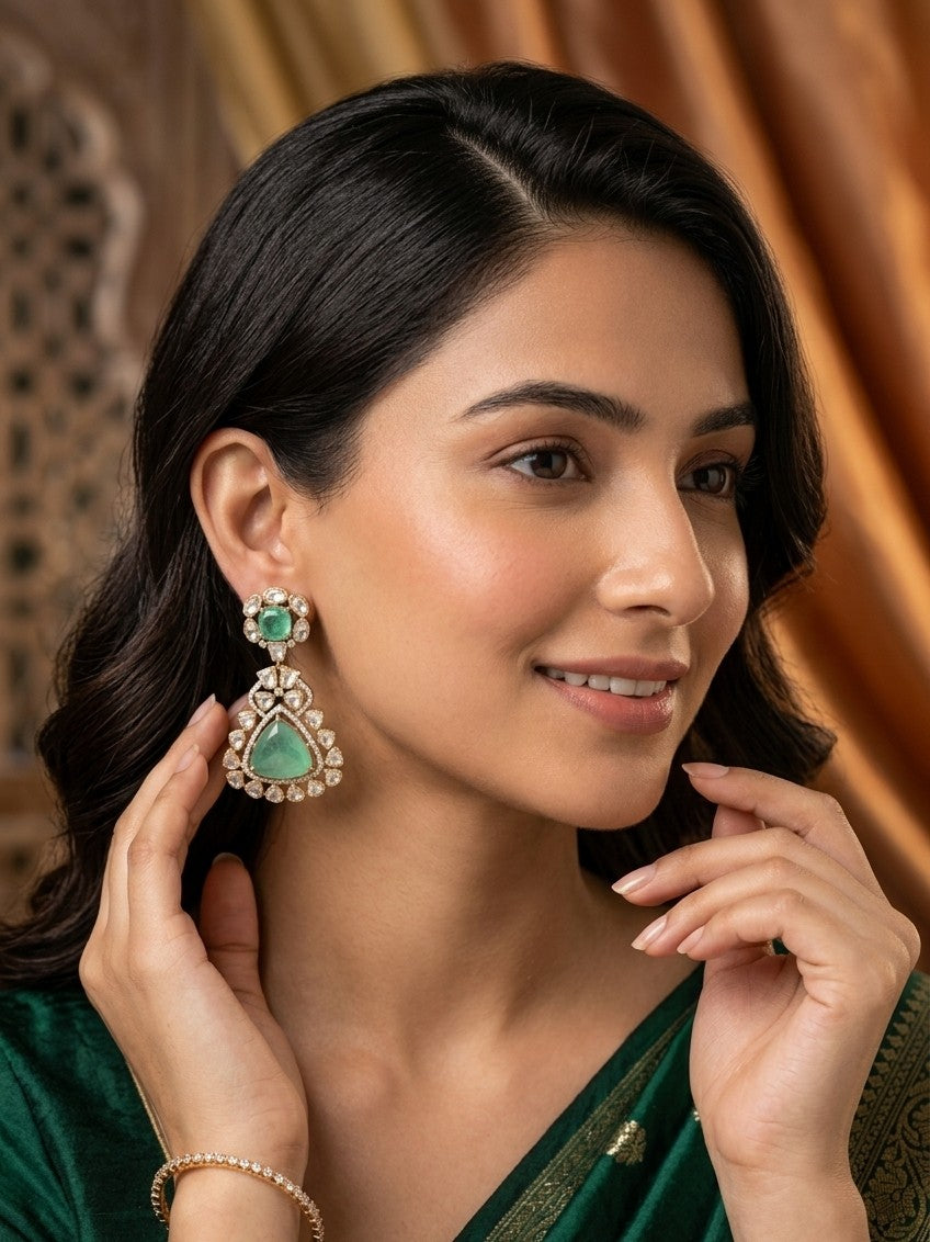 Majestic Jalparee Kundan Emerald Pendant Earrings for Traditional Royalty