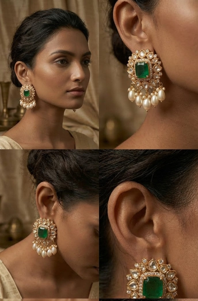 Jalparee Heritage Collection: Regal Emerald-Green Polki Cushion & Pearl Cluster Chandelier Earrings
