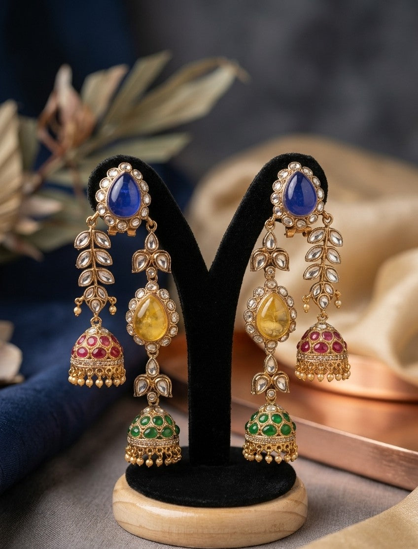 Jalparee Heritage Kundan and Multi-Gemstone Triple Jhumka Dangle Earrings