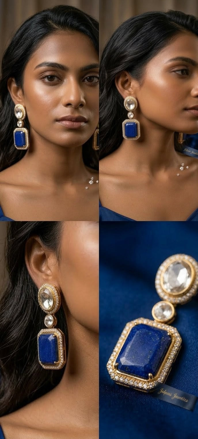 Royal Azure Lapis Lazuli & Polki Drop Earrings in 18K Gold Finish