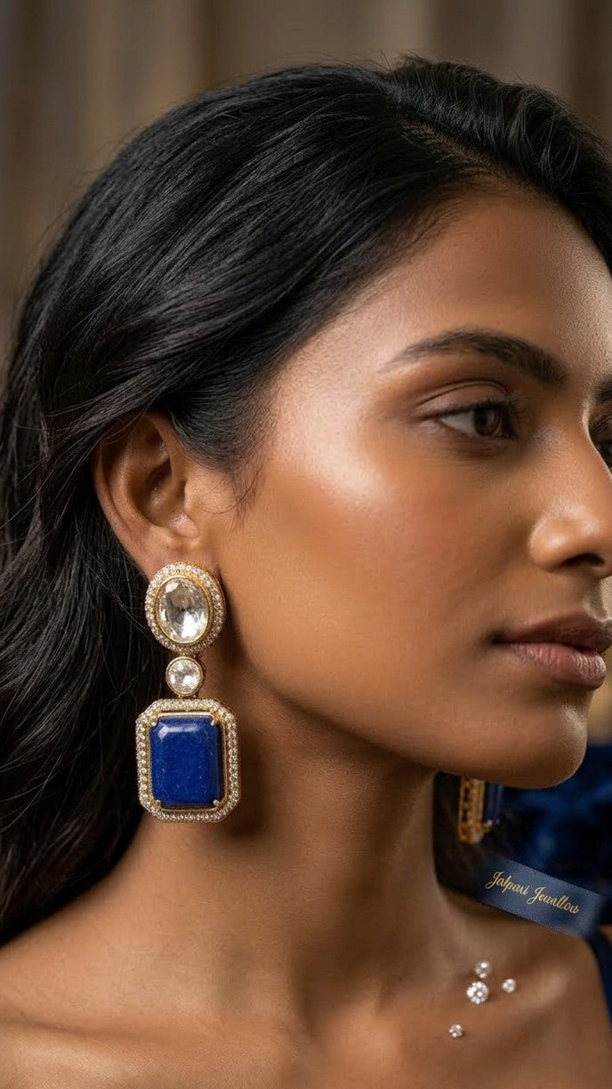 Royal Azure Lapis Lazuli & Polki Drop Earrings in 18K Gold Finish