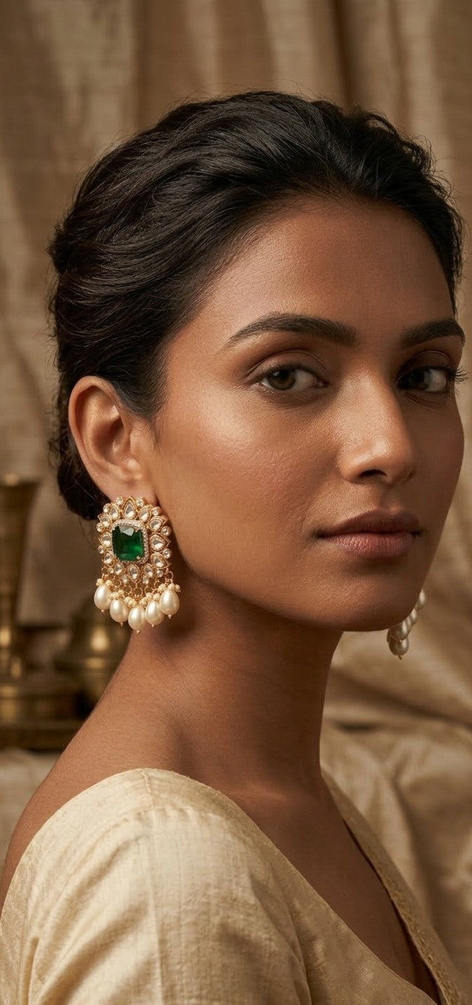 Jalparee Heritage Collection: Regal Emerald-Green Polki Cushion & Pearl Cluster Chandelier Earrings