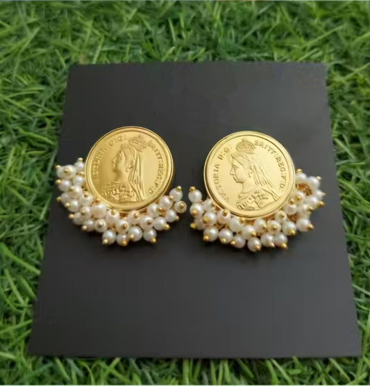 Indo-Western Coin Earrings with Pearl Cluster