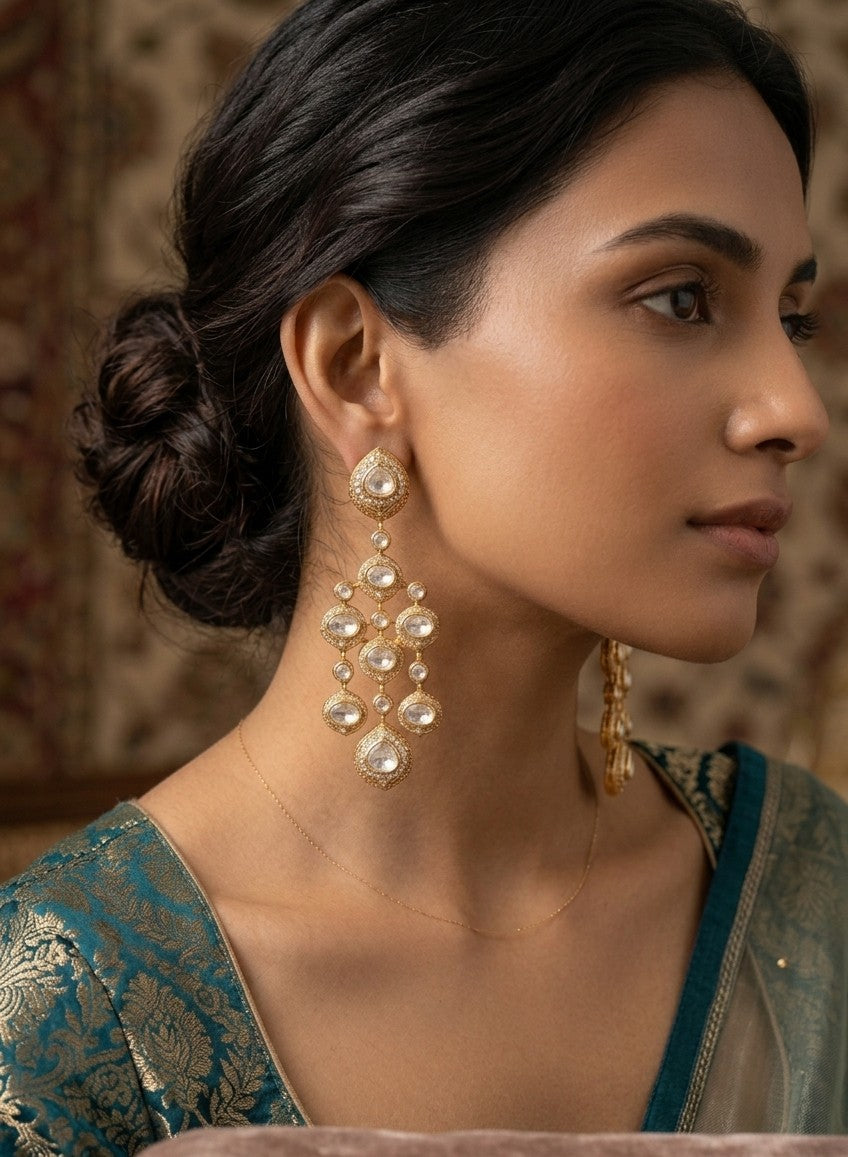 Jalparee Meera Polki & Pearl Gold Chandelier Earrings