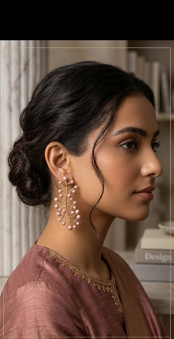 Jalparee Traditional 'Rose Berry' Pink Pearl Statement Vine Earrings