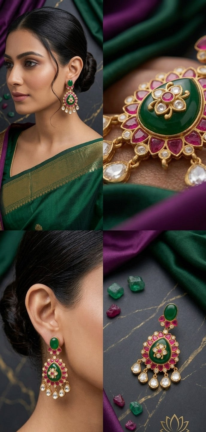 Jalparee Regal Emerald and Ruby Kundan Gold Meenakari-Style Dangle Earrings