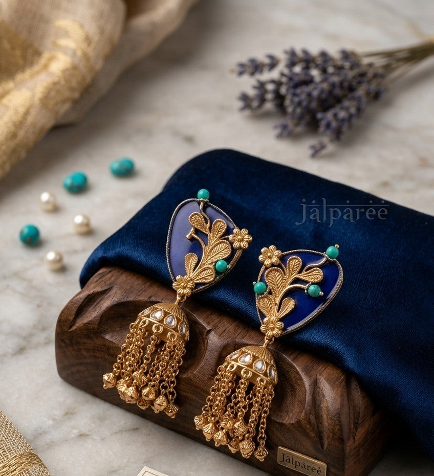 Jalparee Traditional Blue & Gold Jhumka Earrings - Temple Jewellery, Handcrafted Kundan