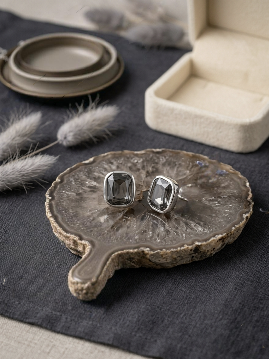 Jalparee Elegant Smokey Grey Emerald-Cut Crystal Stud Earrings – Contemporary Western Ear Tops