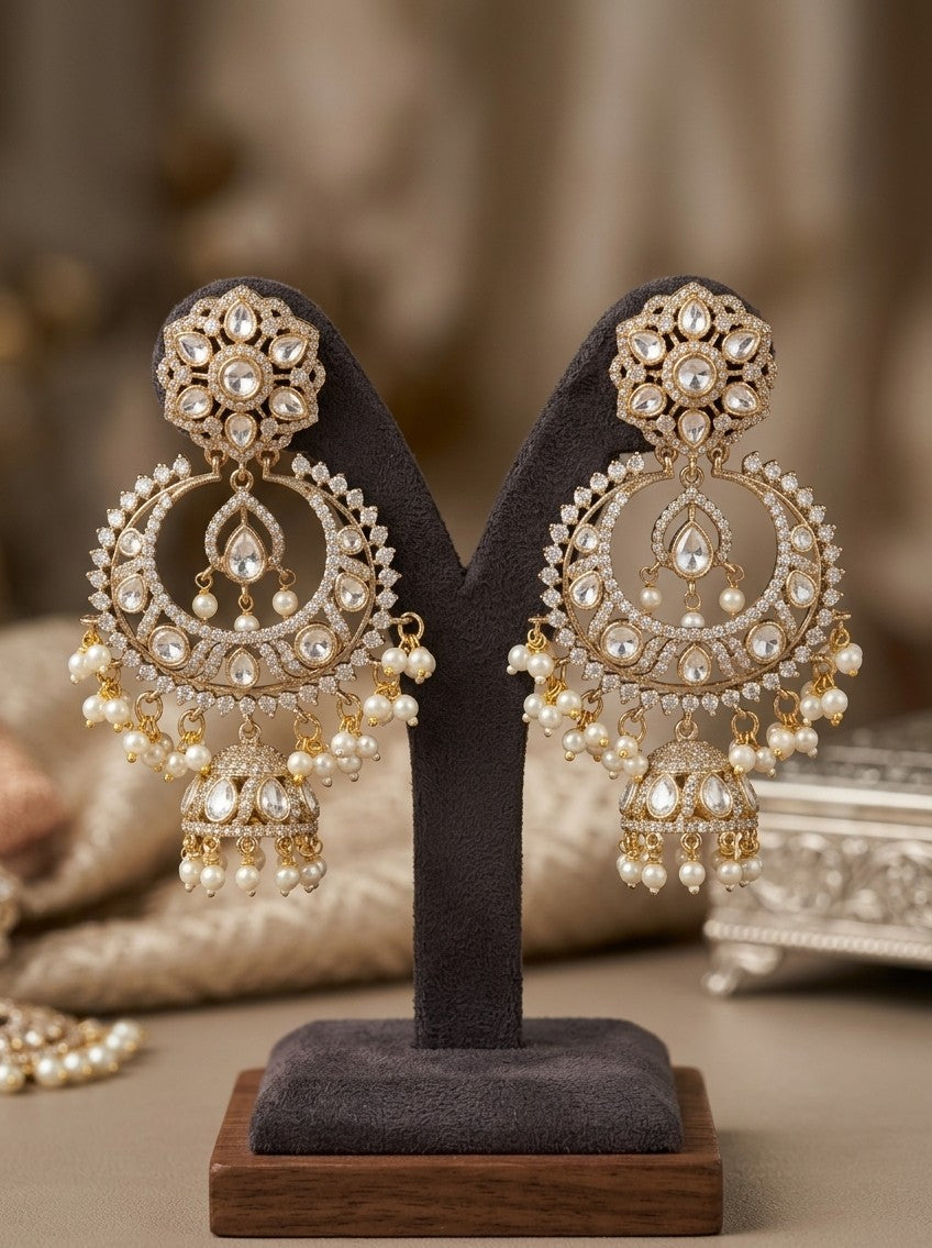 The Jalparee Heritage Collection: Exquisite Kundan and Pearl Chandbali Jhumka Earrings