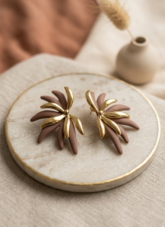 Jalparee Earthy Chic Gold-Tone Tropical Fan Earrings