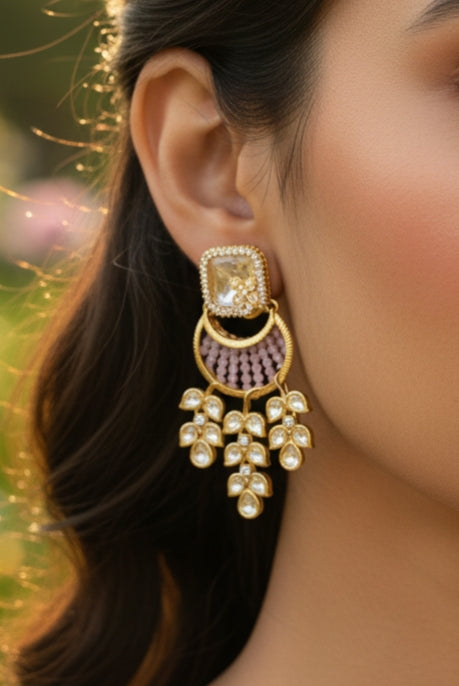 Elegant Kundan & Pink Beaded Drop Earrings