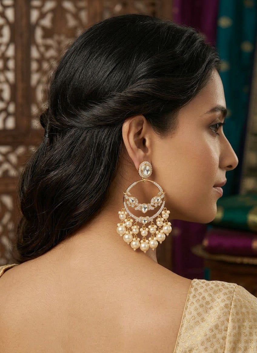 Jalparee Majestic Kundan and Pearl Chandbali Earrings - A Timeless South Asian Classic
