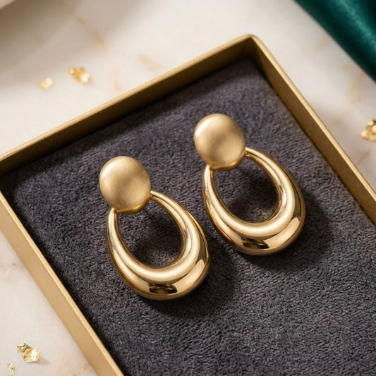 Jalparee Aurelia Matte & Glossy Dual-Texture Golden Oval Drop Earrings