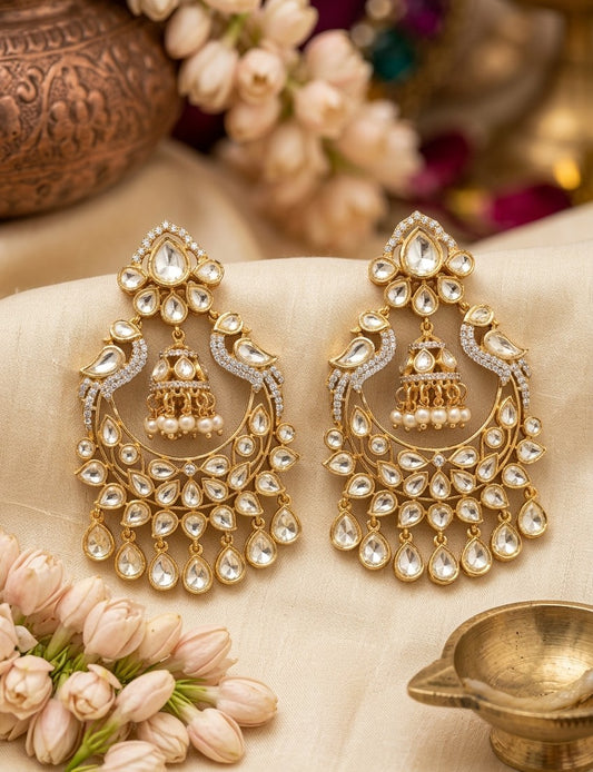 "Mayura Heritage" Handcrafted Kundan Chandbali Earrings with Jhumka Drop & Pearl Clusters