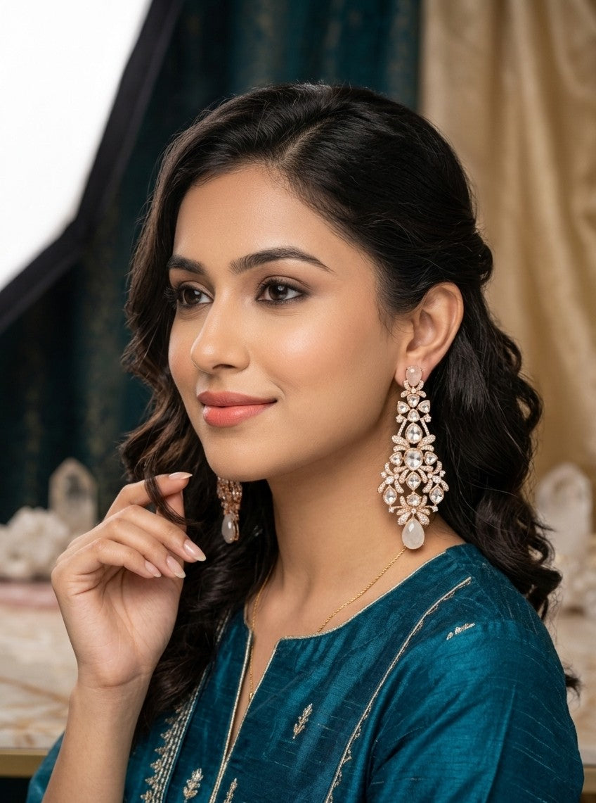 Adorned Allure: Exquisite Rose Gold & Kundan Chandelier Earrings