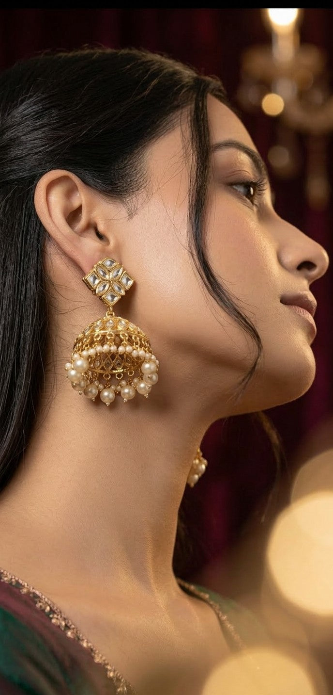 Jalparee Exquisite Kundan and Pearl Embellished Gold-Toned Traditional Jhumka Chandbali Earrings