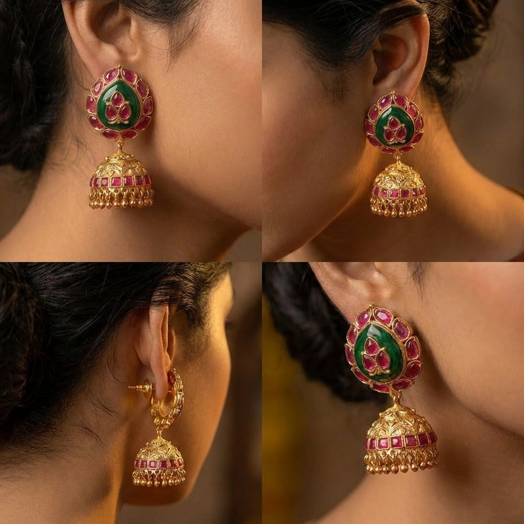 Jalparee 'Maharani' Ruby & Green Enamel Gold-Toned Jhumka Earrings