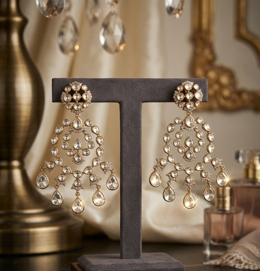 Jalparee 'Noor Mahal' Gold-Plated Emerald Cut Kundan Drop Earrings