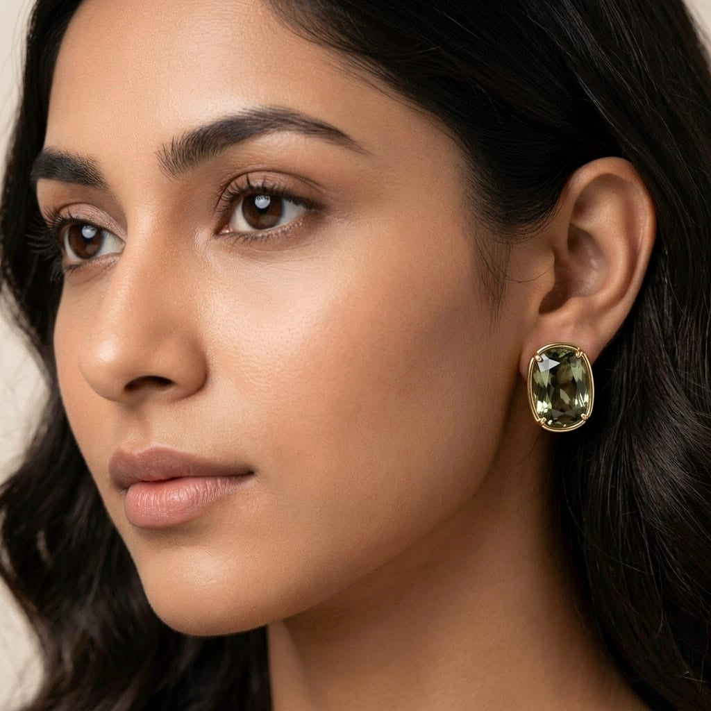 Jalparee Olive Green Cushion-Cut Crystal Stud Earrings – Elegant Western Jewelry