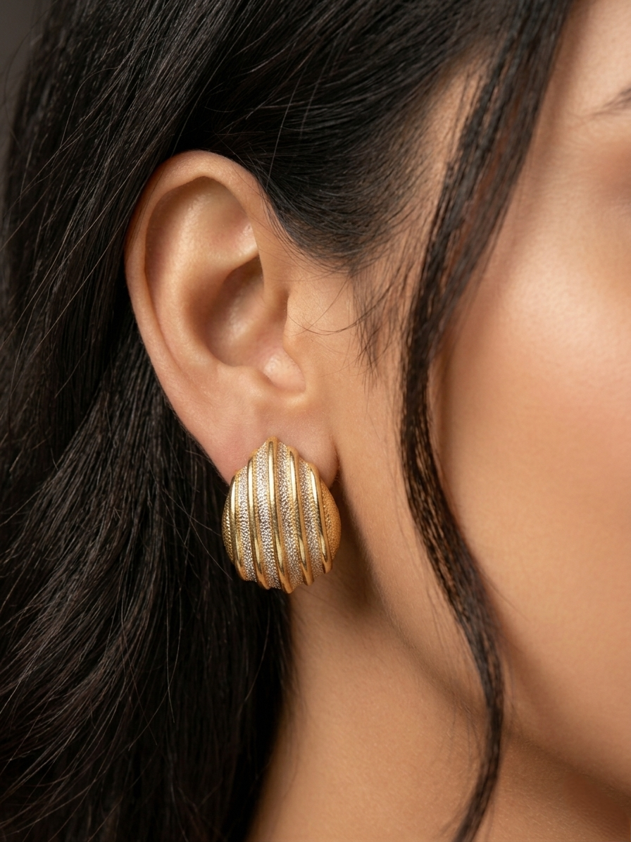 Architectural Ribbed Gold-Tone Stud Earrings – Modern Minimalist Statement