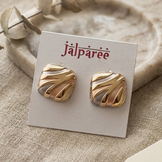 Aurora Pastel Textured Square Studs in Tri-Tone Gold & Silver by Jalparee