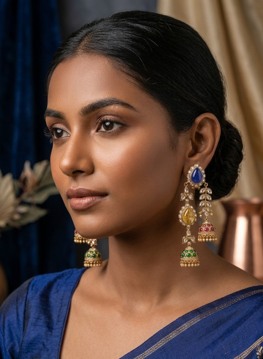 Jalparee Heritage Kundan and Multi-Gemstone Triple Jhumka Dangle Earrings