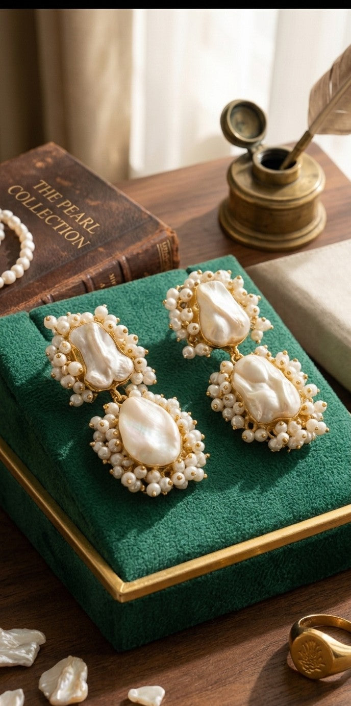 Jalparee Chandbali Double-Tier Pearl Hoop Earrings with Intricate Seed Pearl Clusters