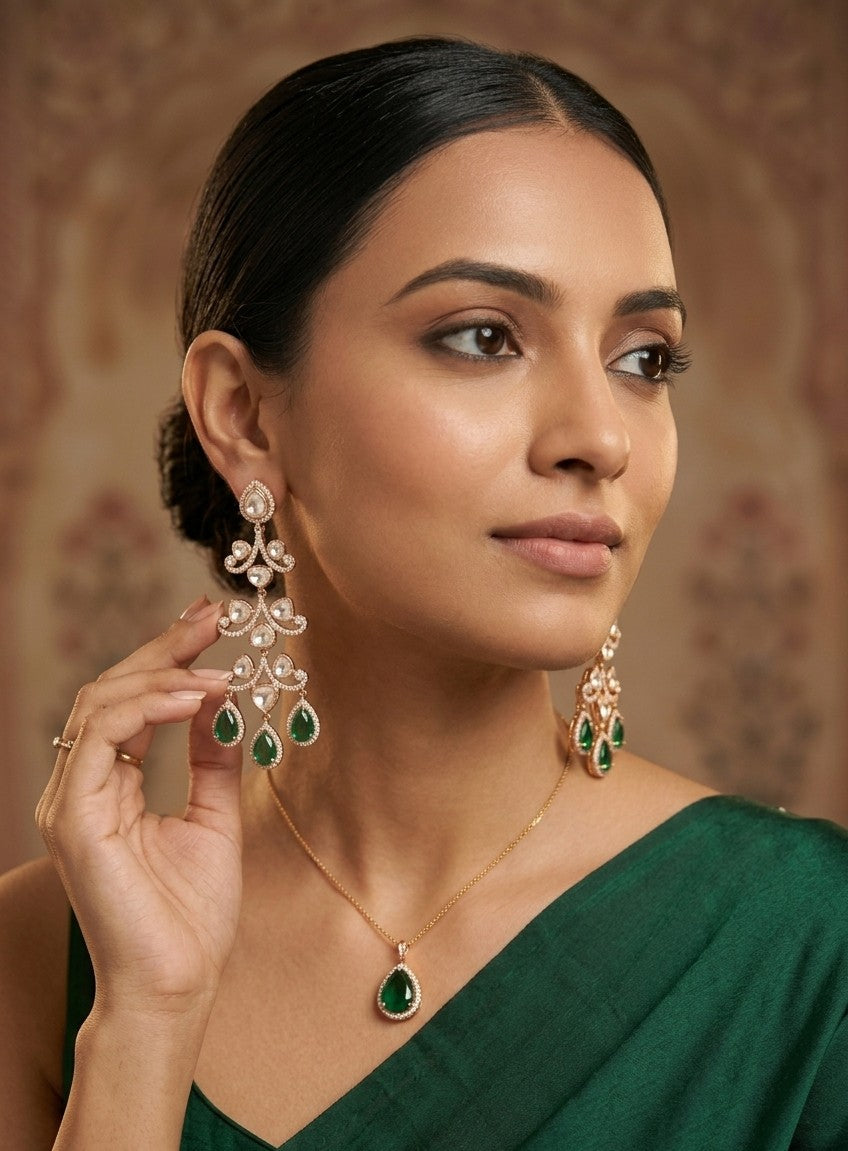 Jalparee | Emerald & Polki Diamond Tiered Chandelier Earrings in Gold