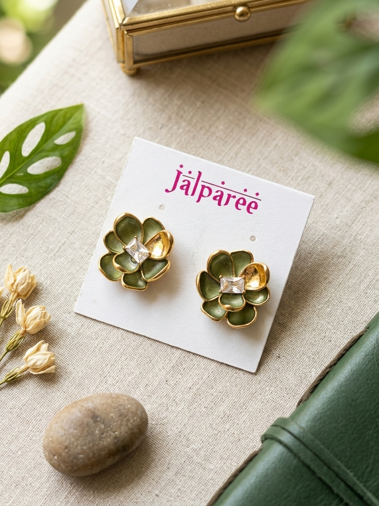 Jalparee Olive Blossom Enamel Stud Earrings with Baguette Crystal Accent