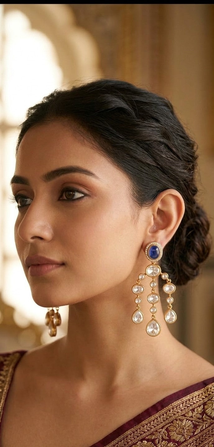 Jalparee: Regal Blue Cabochon & Multi-Tiered Kundan Statement Chandelier Earrings