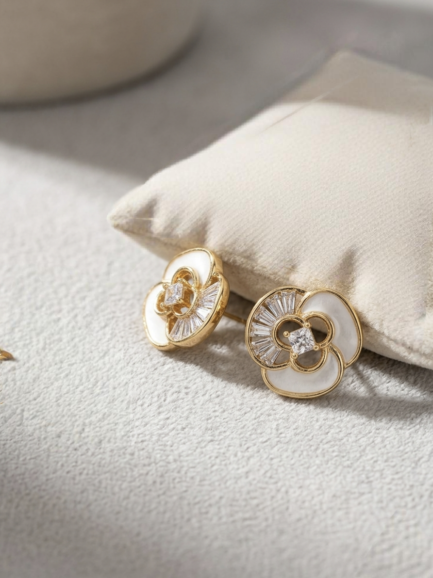 Jalparee Mother of Pearl Floral Stud Earrings with Baguette & Princess Cut CZ Crystals