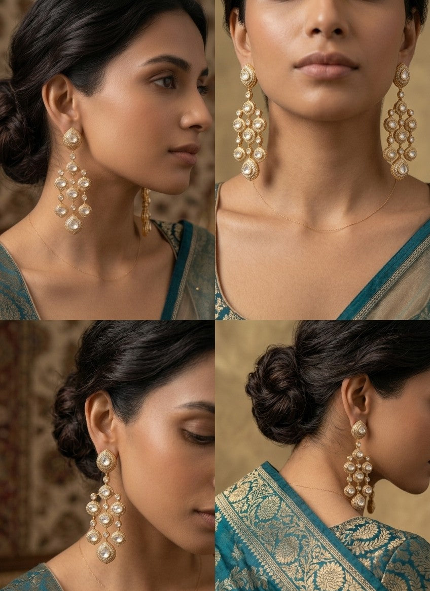 Jalparee Meera Polki & Pearl Gold Chandelier Earrings