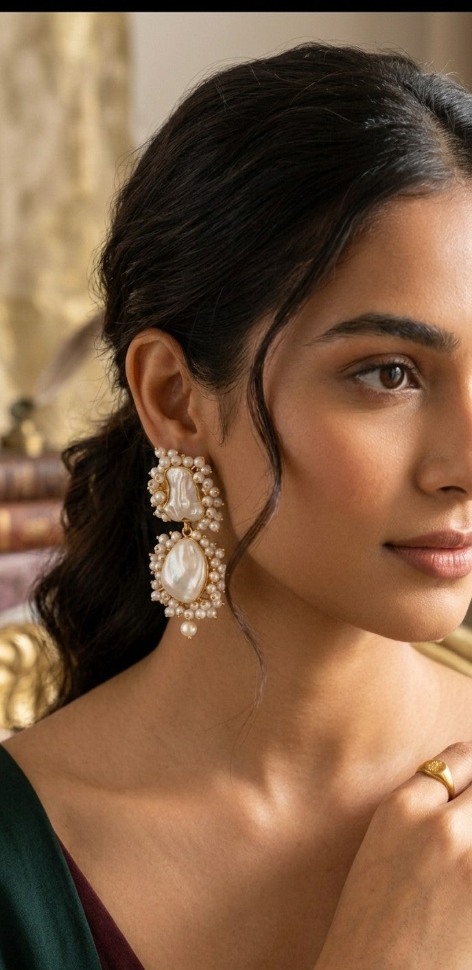 Jalparee Chandbali Double-Tier Pearl Hoop Earrings with Intricate Seed Pearl Clusters