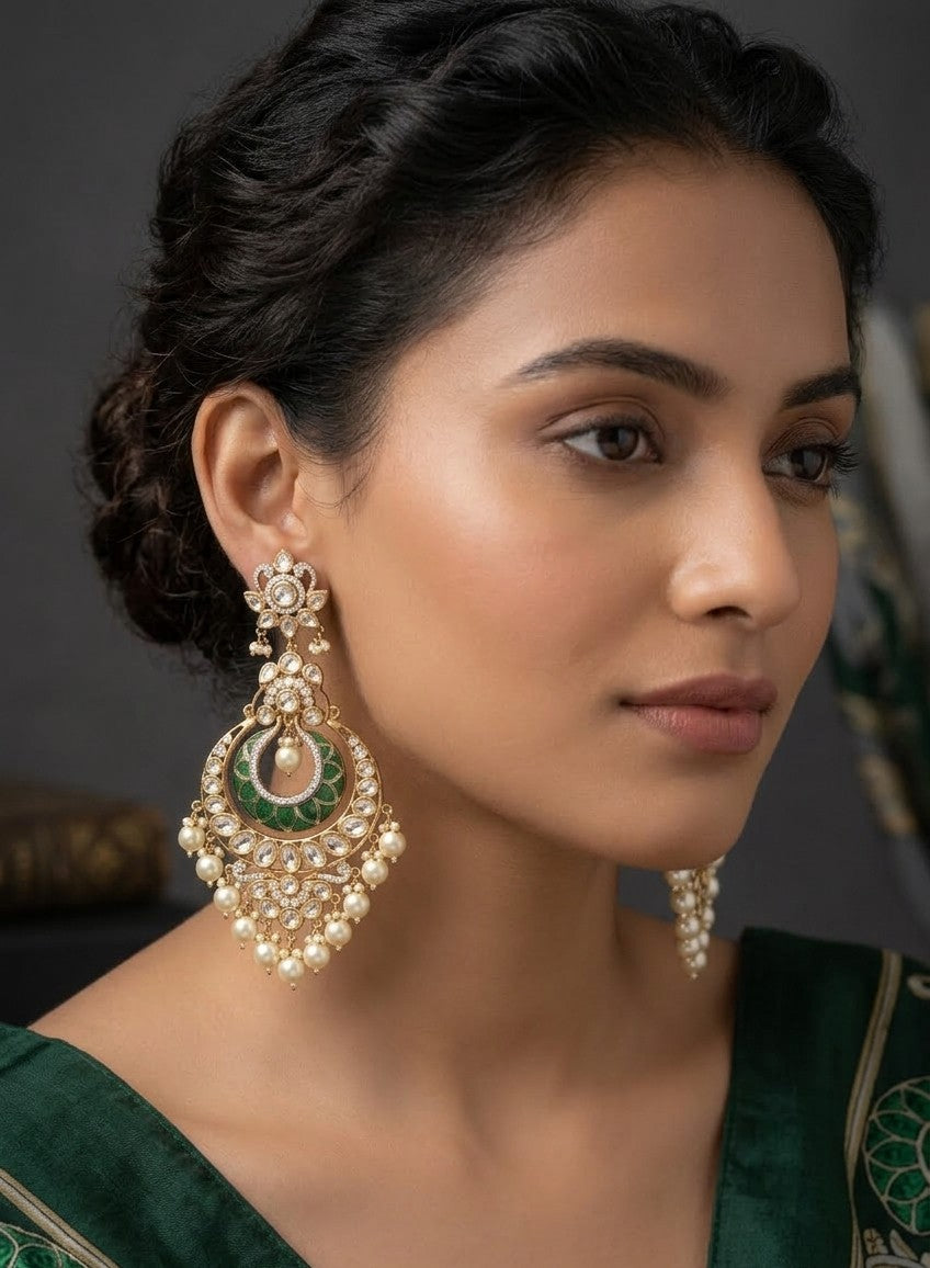 Jalparee Kundan and Pearl Chandbali Earrings with Emerald Meenakari Work