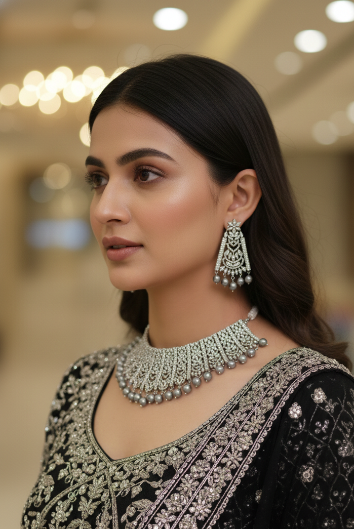 Regal Charm AD Necklace Set with Black Rhodium Polish