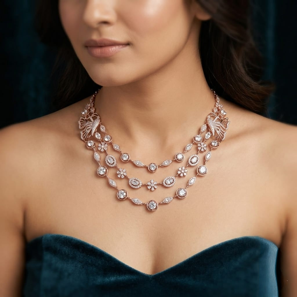 Rose Gold Triple-Layered Floral Statement Necklace