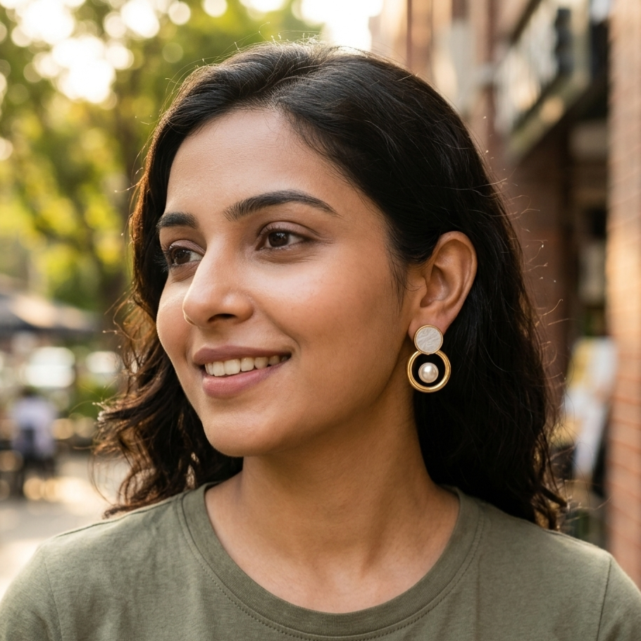Jalparee Aura Geometric Gold-Plated Stud Earrings with Marble-Texture Accent and Floating Pearl