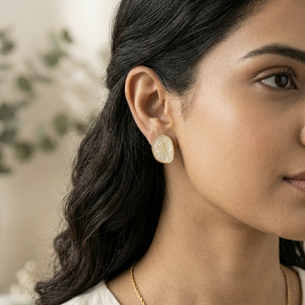 Jalparee Ivory Marble Abstract Geometric Stud Earrings – Contemporary Gold-Plated Western Statement Earrings