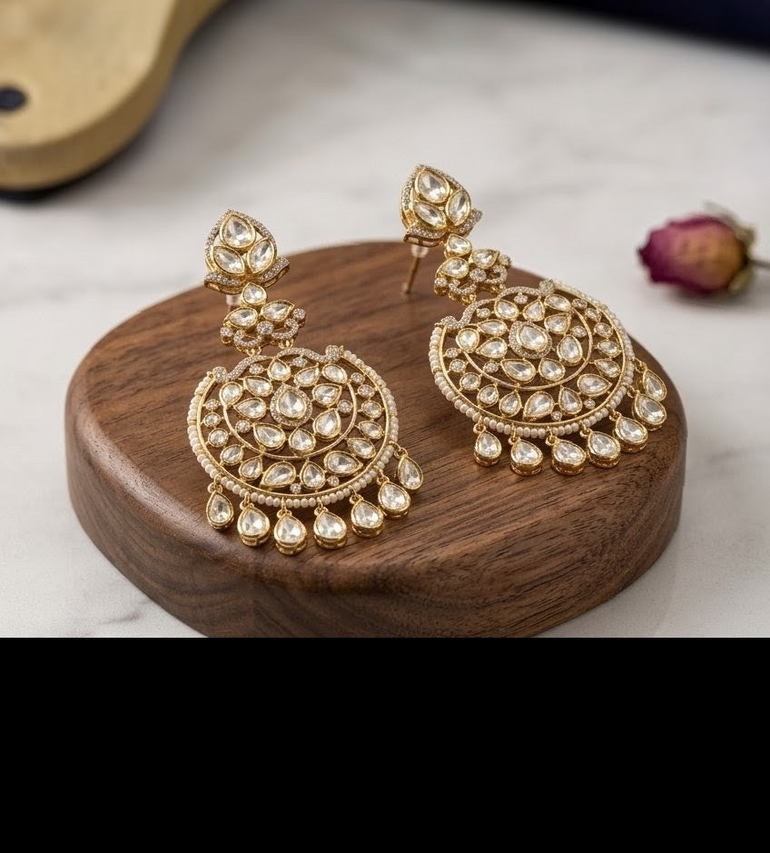 Jalparee Kundan and Pearl Chandelier Earrings in Gold