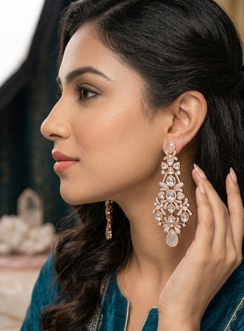 Adorned Allure: Exquisite Rose Gold & Kundan Chandelier Earrings