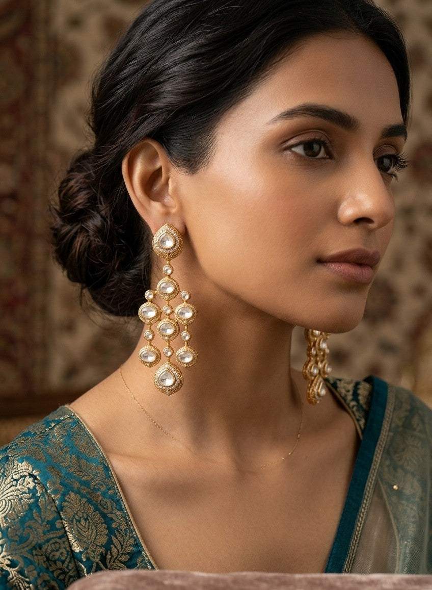 Jalparee Meera Polki & Pearl Gold Chandelier Earrings